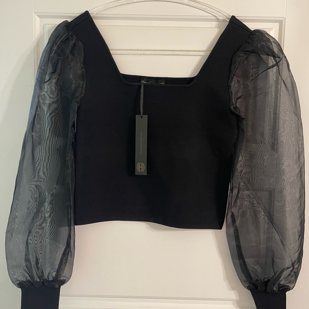 NWT! House of Harlow 1960 Black Sheer Sleeve Blouse